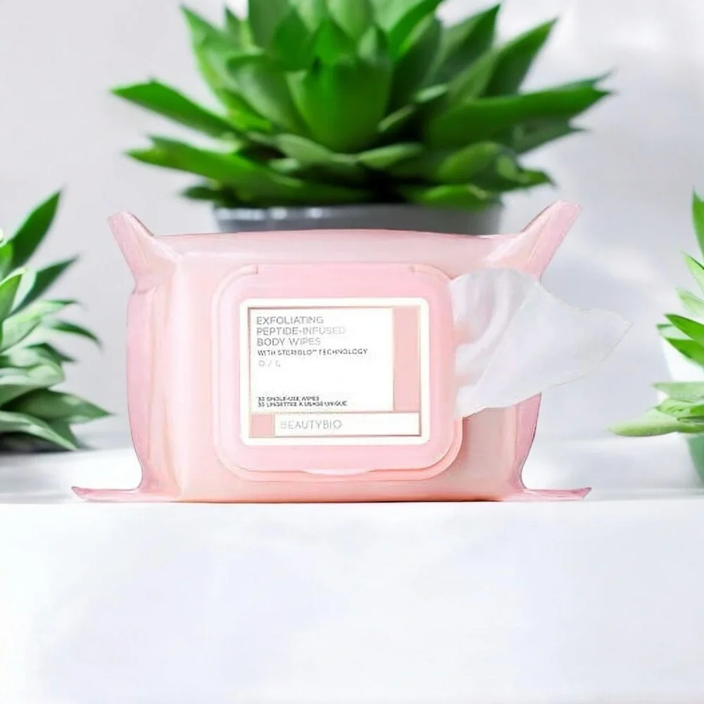 BeautyBio Exfoliating Peptide-Infused Body Wipes – Pink